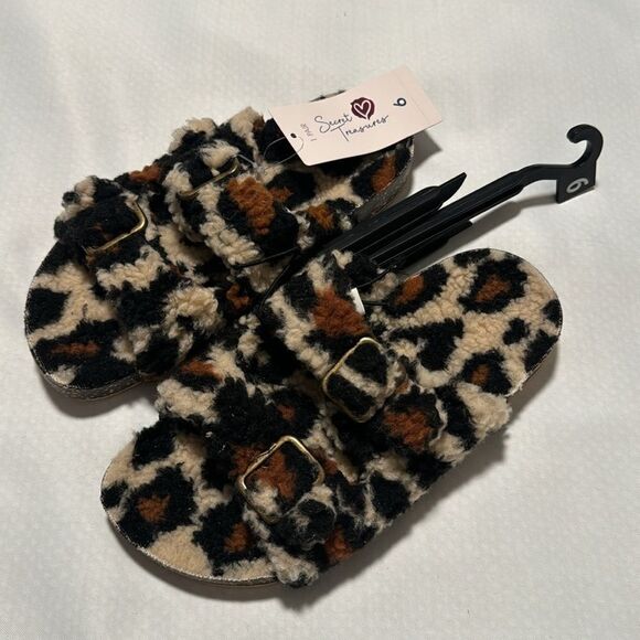Leopard Slides Sandals Womens 6 Fleece Sherpa - Picture 1 of 2